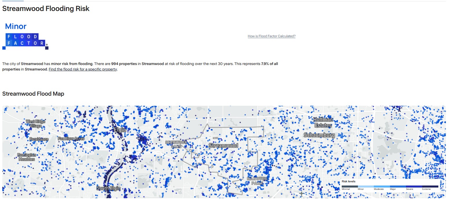 Flood risk map of Streamwood, Illinois showing minor risk areas for potential flooding