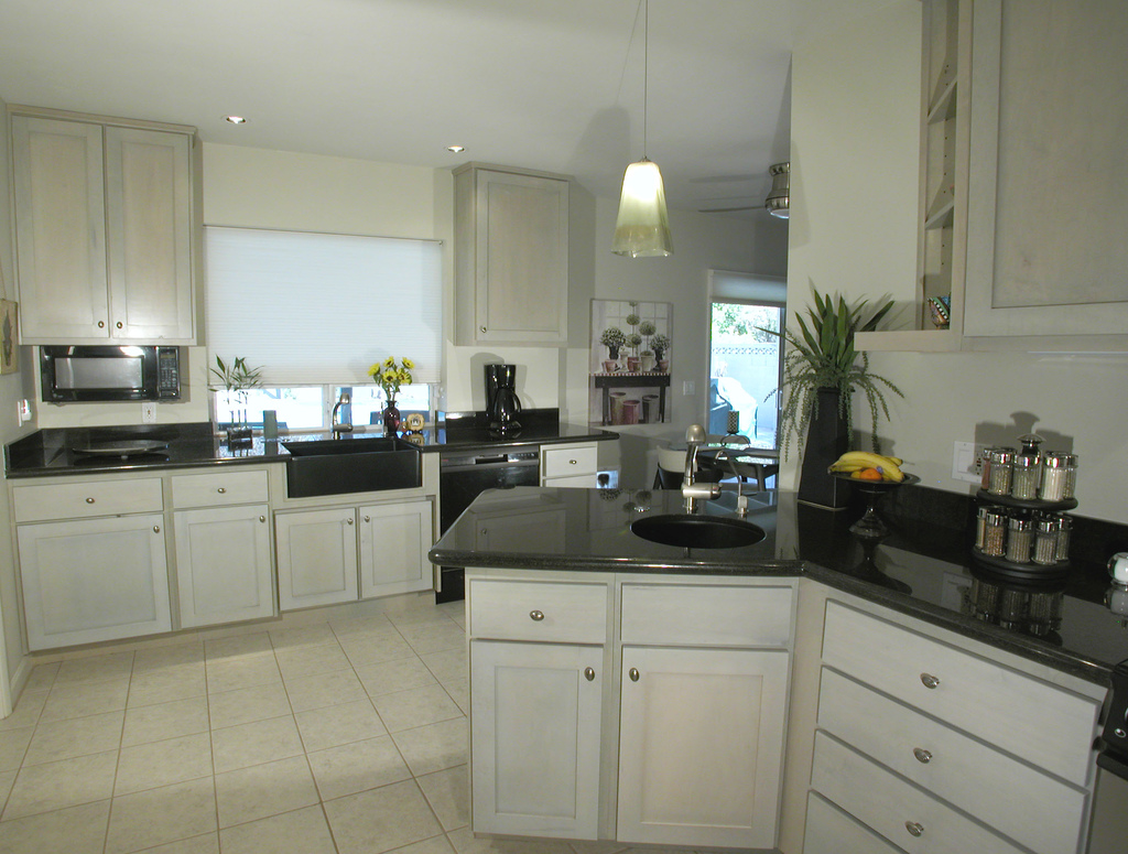 Black granite countertop in a kitchen