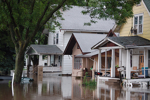 Flooded street and houses