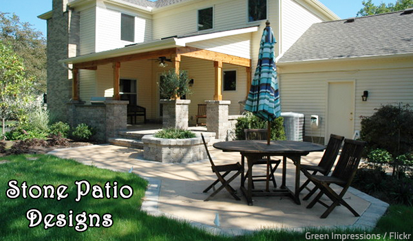 Stone patio designs with fire pits increase the appeal, functionality and value of a property.