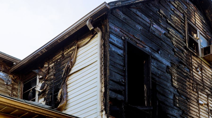 a house burnt after fire and has soot stains