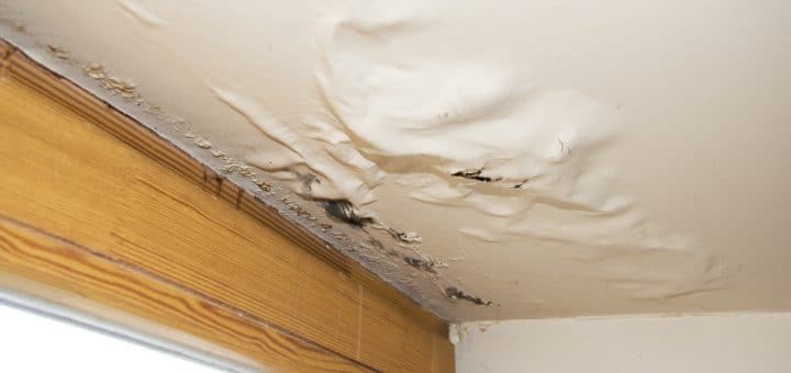 water damaged ceiling next to window