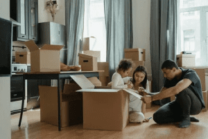 Young Family with Moving Boxes in New Home