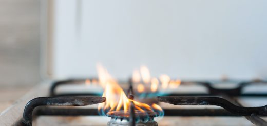 Burning gas in the kitchen. Horizontal photo with space for writing text.