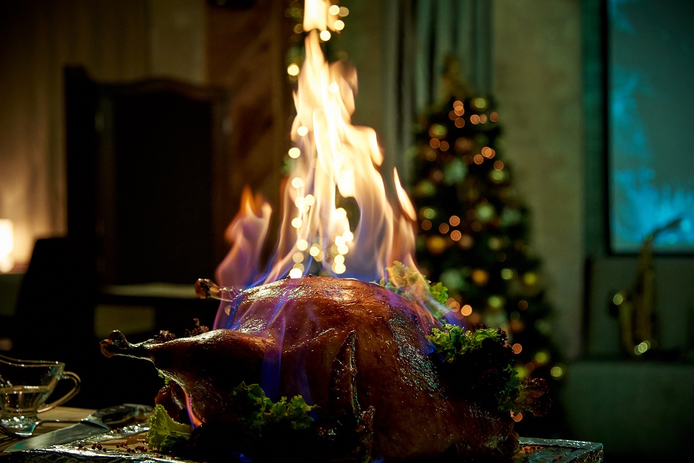 Turkey burning on fire holiday cooking