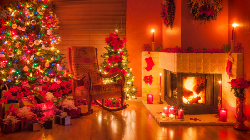 holiday fire safety around Christmas trees and fireplace