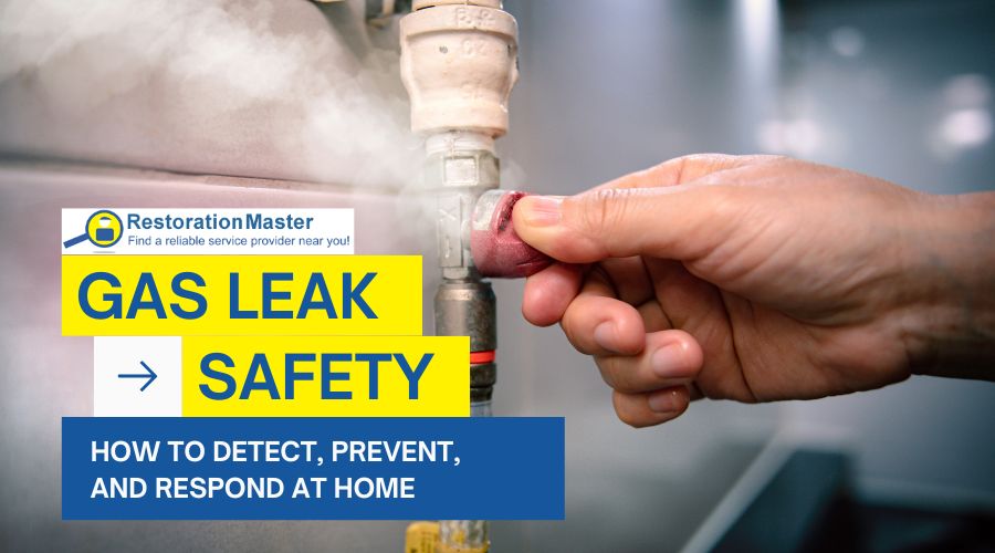 Gas utility worker inspecting outdoor gas lines near a home after a reported leak.