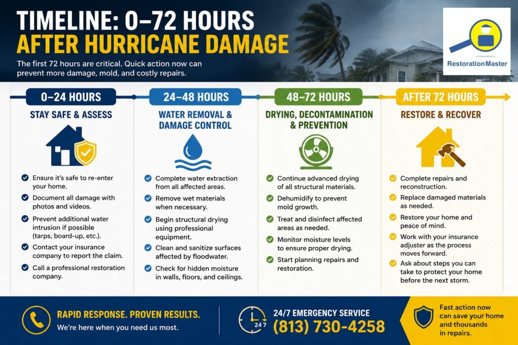 Timeline: 0–72 Hours After Hurricane Damage