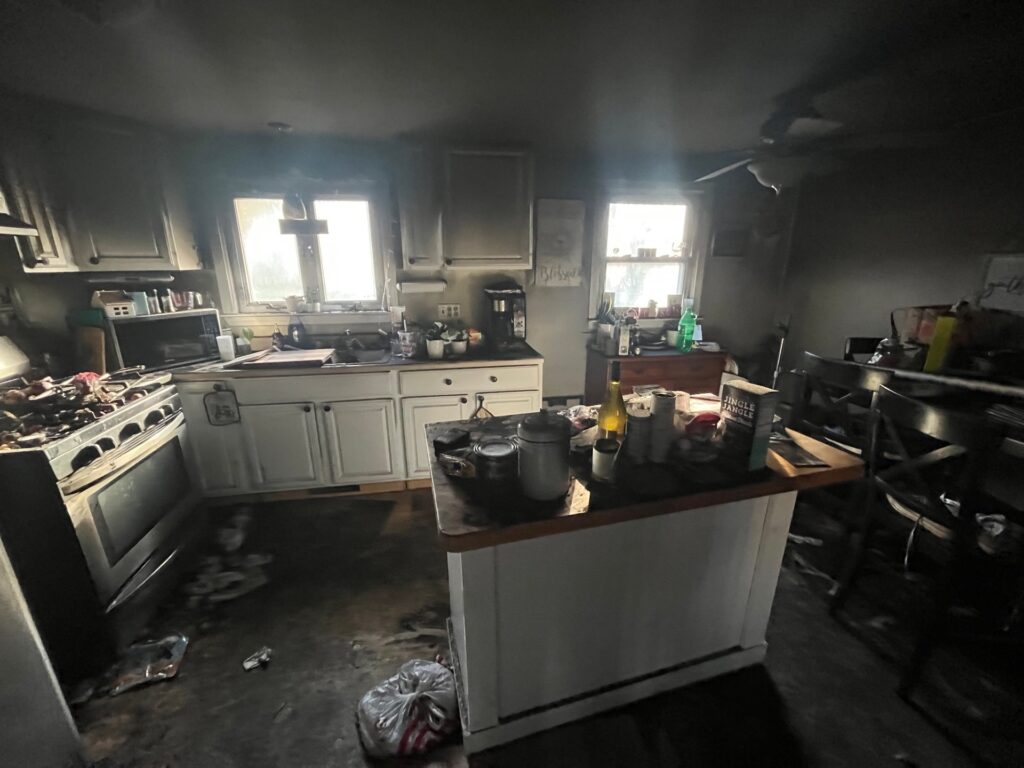 Smoke and soot damage inside a home in Tiverton, Rhode Island