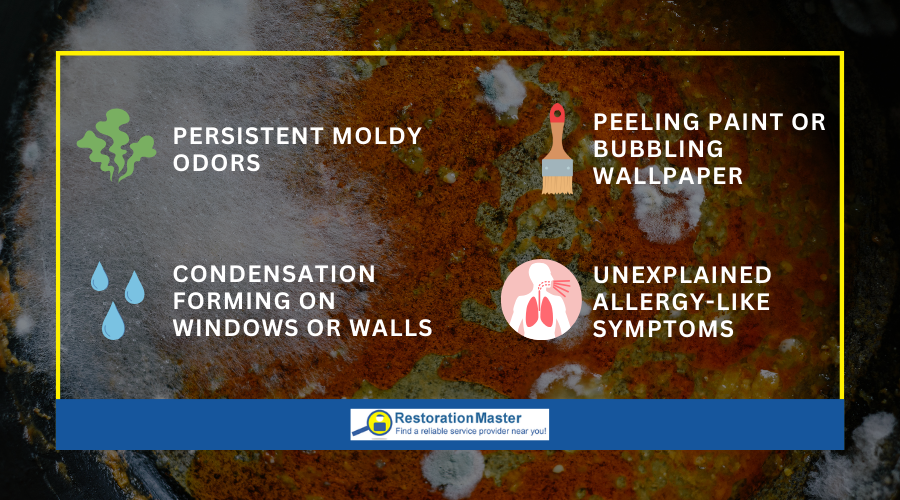 Signs of mold and moisture problems on walls and windows in a Rhode Island vacation home