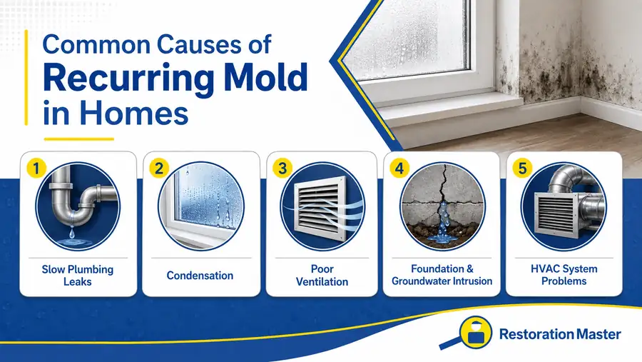 Diagram of five common causes of recurring mold: slow plumbing leaks, foundation and HVAC leaks, condensation, poor ventilation, and groundwater intrusion